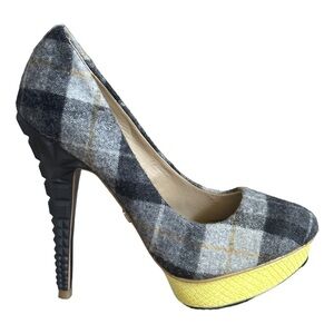 Rachel Zoe Keegan Gray Plaid Funky Stiletto Pumps Size 5.5